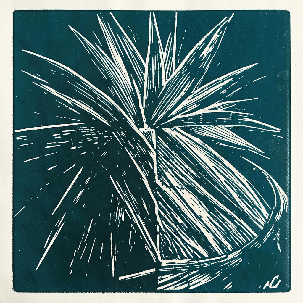 A linocut relief print of a smartphone silhouette against a backdrop of circuit-like geometric patterns, in deep charcoal, slate blue, and warm cream tones