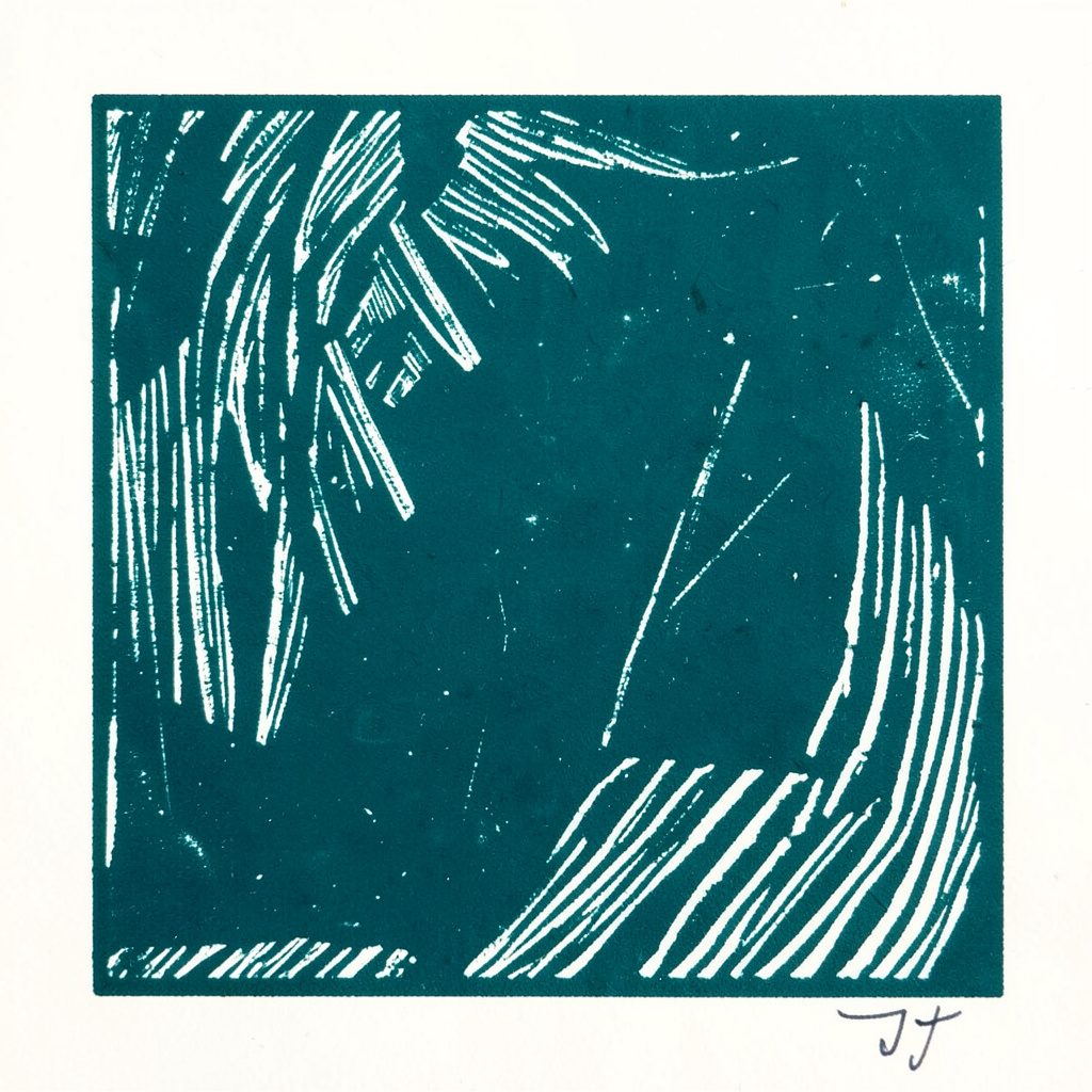 A linocut relief print of abstract organic forms suggesting vitality and movement, in warm ochre, muted sage green, and cream tones against a textured off-white background.