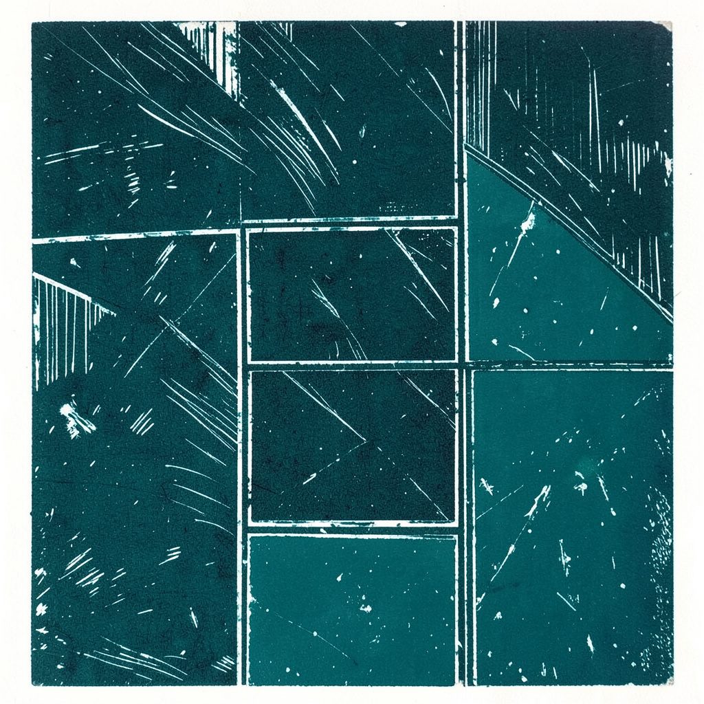 Linocut relief print of a stylized city skyline with ascending bar charts and geometric shapes, in deep navy blue, charcoal gray, and warm cream tones