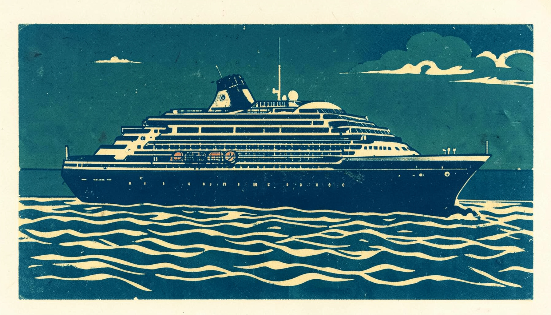 Linocut print of a sleek cruise ship at sea, carved in navy blue and warm ivory, with gentle wave lines beneath.