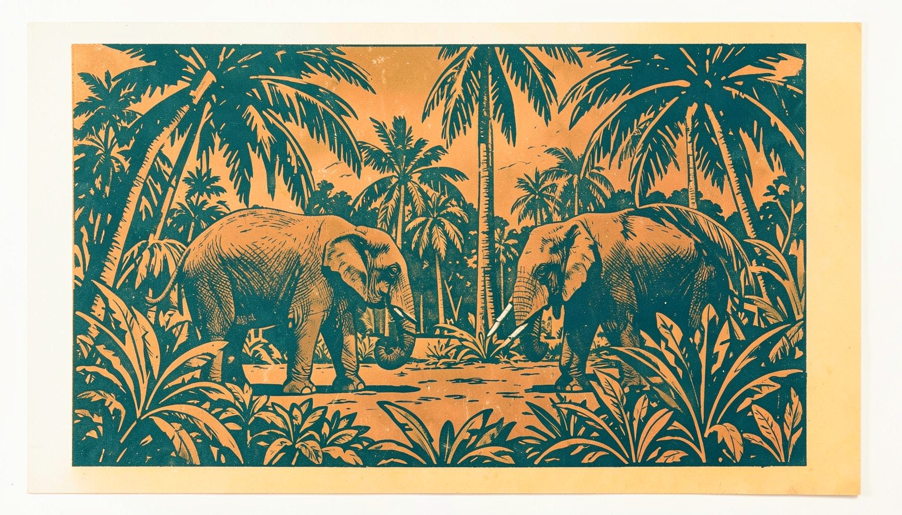 Linocut relief of a tropical park scene with elephants and lush foliage, in warm ochre, olive green, and terracotta