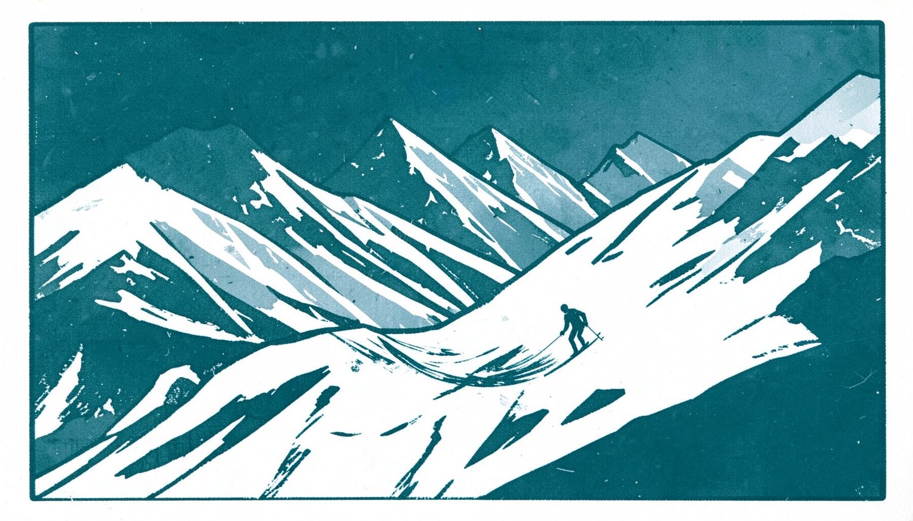 Linocut print of snowy mountain slopes with a lone skier descending, in crisp white, slate gray, and pale blue.